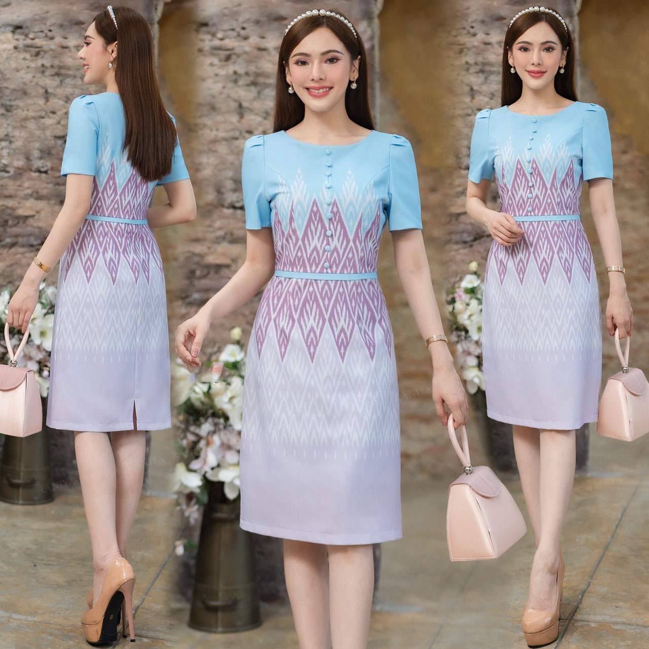 kudapy เดรสสั้นลายไทย แต่งกระดุมหน้า ใส่ออกงายสวยดูดี งานซิปซ่อนหลัง