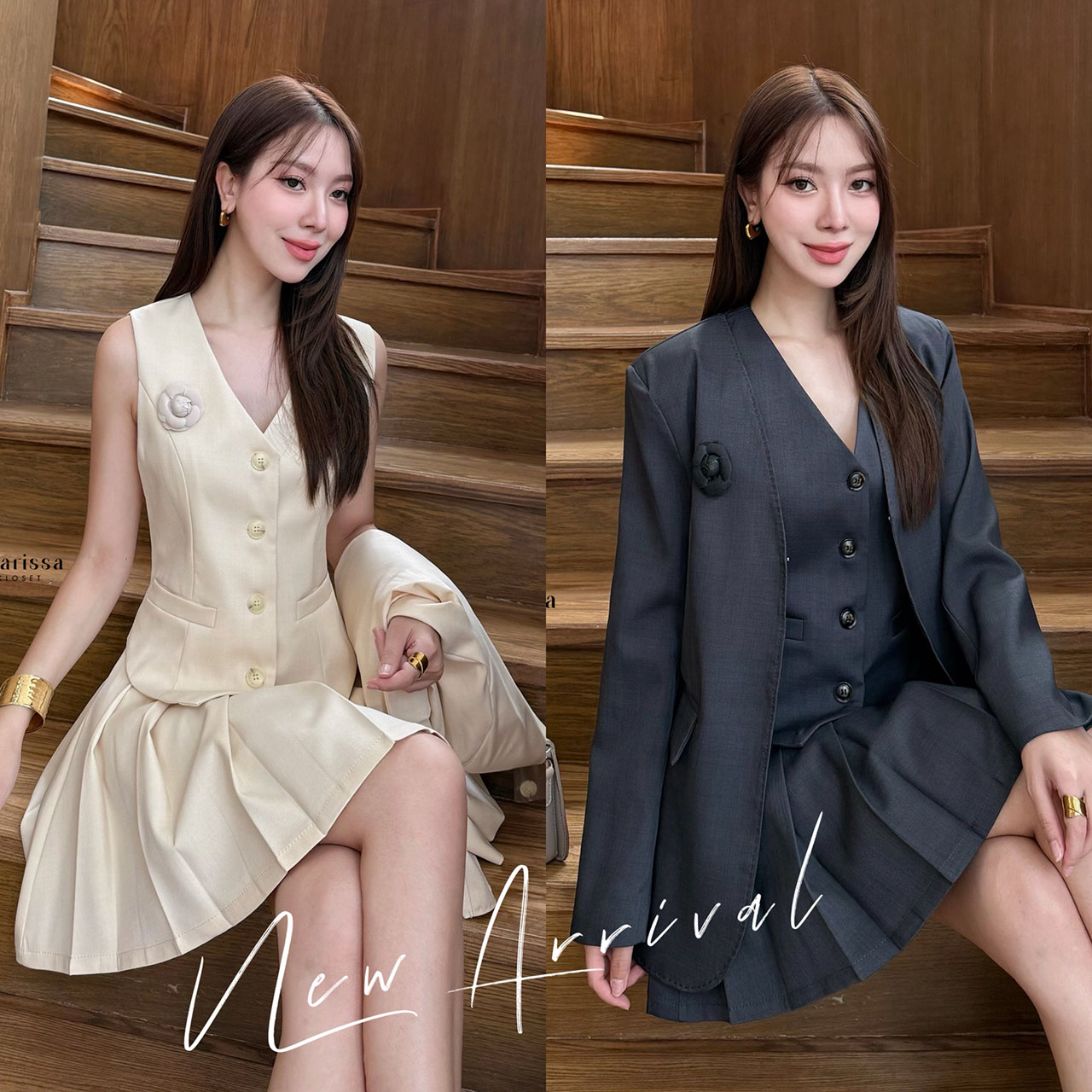 kudapy เซ็ท 4 ชิ้น เสื้อสูท+เสื้อ vestด้านใน +กระโปรง(กางเกงเป็นซับใน)+เข็มกลัดดอกไม้ ใช้ผ้าเดียวกันทั้งเซ็ท ตัวเสื้อสูทมีซับในอย่างดี