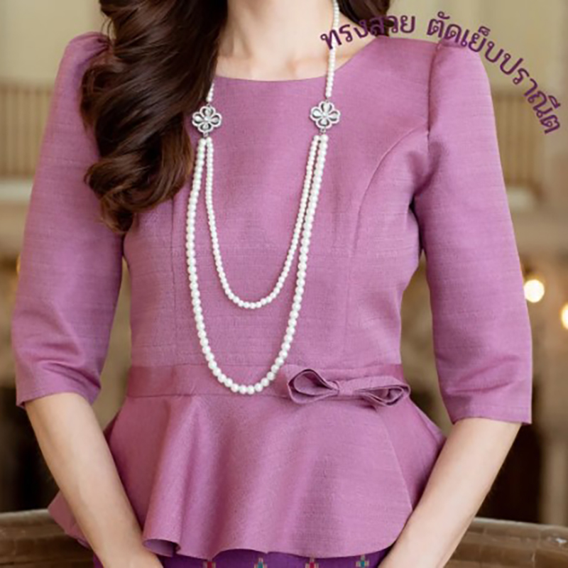 Kudapy เสื้อผ้าไหม สีม่วง สีเขียว สีเหลือง สีแดง คอกลม แขน 4 ส่วน เสื้อผ้าผู้หญิง เสื้อผ้าไหมผู้หญิง ชุดไทยประยุกต์ สวมใส่สบาย ดีไซค์สวยหรู สินค้าคุณภาพ