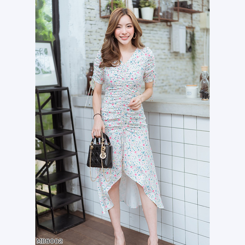 kudapy เดสรหน้าสั้นหลังยาวสีขาว,สีกรม คอกลม พิมพ์ลายดอก รูดเอวได้ แขนมีเชือกผูกโบว์ใส่ดูดีมากๆ