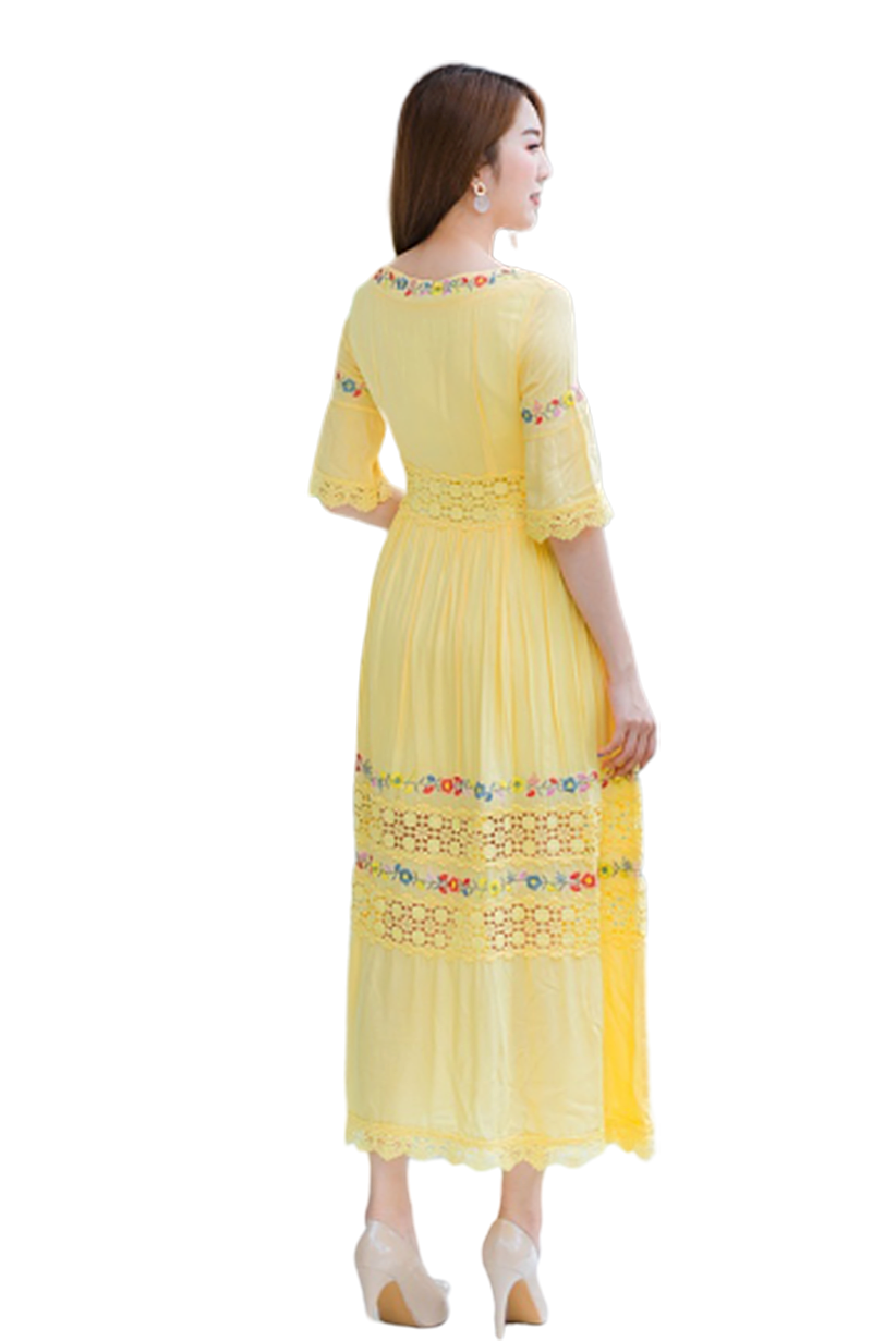 เดรวยาวคอเหลี่ยมสีเหลือง สไตล์โบว์ฮีเมี่ยน ผ้าเรย่อนเบาๆ S/XL