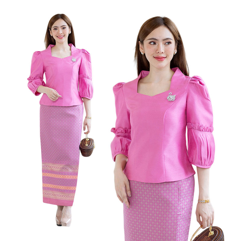 kudapy เสื้อผ้าไหมสีชมพู/สีเหลืองทอง เนื้อผ้าทอสวย เนื้อเบา ใส่สบายผิว มีลายเส้นในตัว