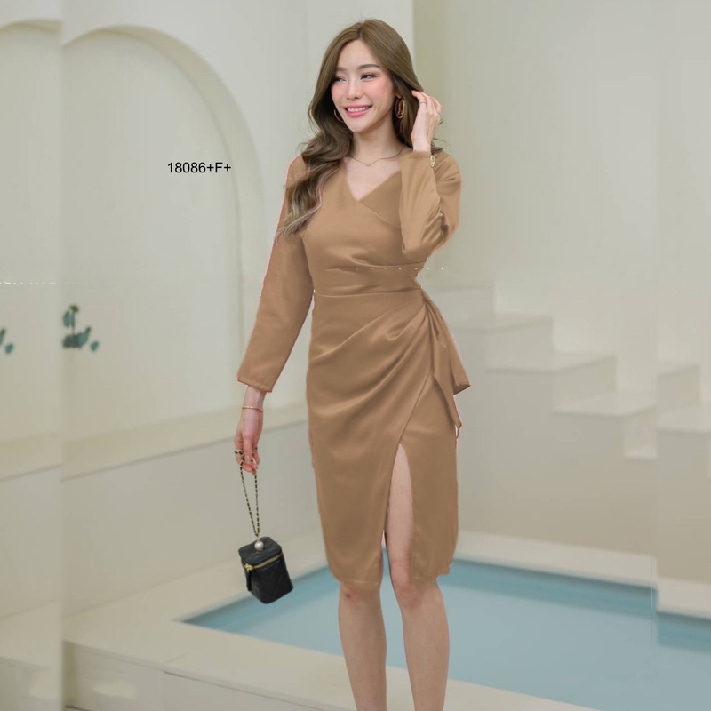 kudapy เดรสแขนยาวสีพื้น แต่งจีบ ผ่าหน้า ชุดออกงาน ชุดเพื่อนเจ้าสาว เดรสงานแต่ง ใส่ไปเที่ยวสวยดูดี