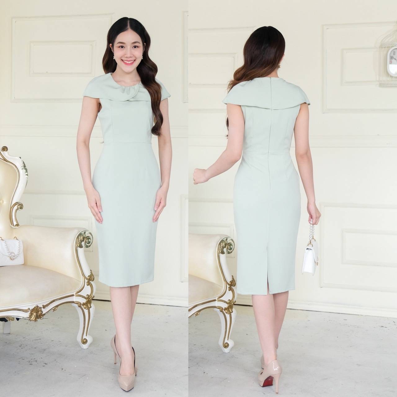 kudapy เดรสสั้นสีดำสีชมพูเข้ม/สีครีมนู๊ด/สีเขียวมิ้น คอปกบัว แขนคลุมบ่า กระโปรงสอบทรงดินสอซิปหลัง