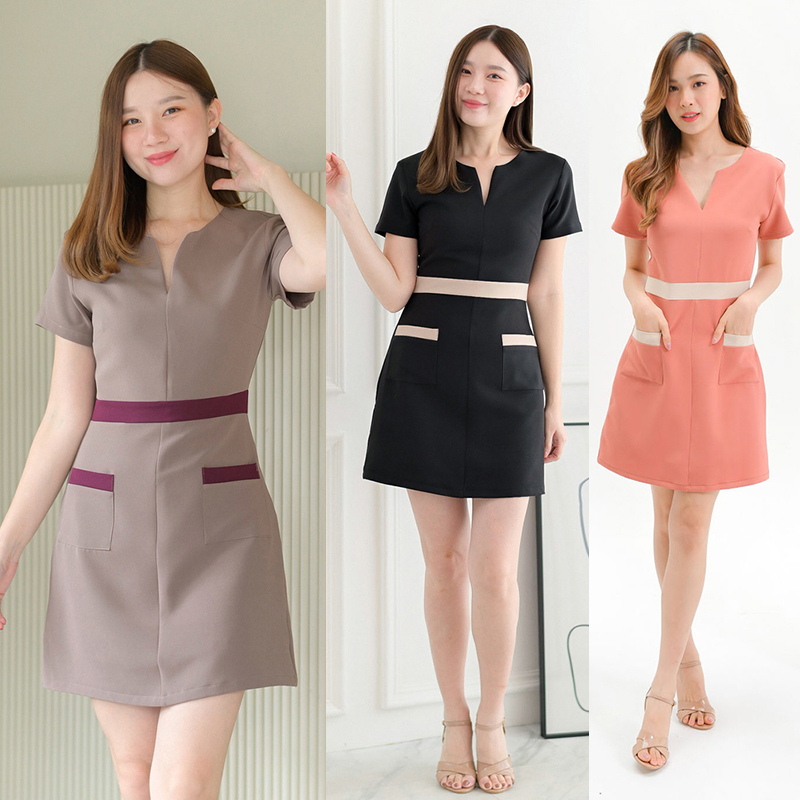 kudapy เดรสสั้นสีส้มอิฐ/สีน้ำตาลเทาหม่น/สีดำ คอผ่า มีกระเป๋าใส่ของได้จริง คัทติ้งเล่นสีตัดต่อเอวและขอบกระเป๋า ผ้าเนื้อหนานุ่มใส่สบาย
