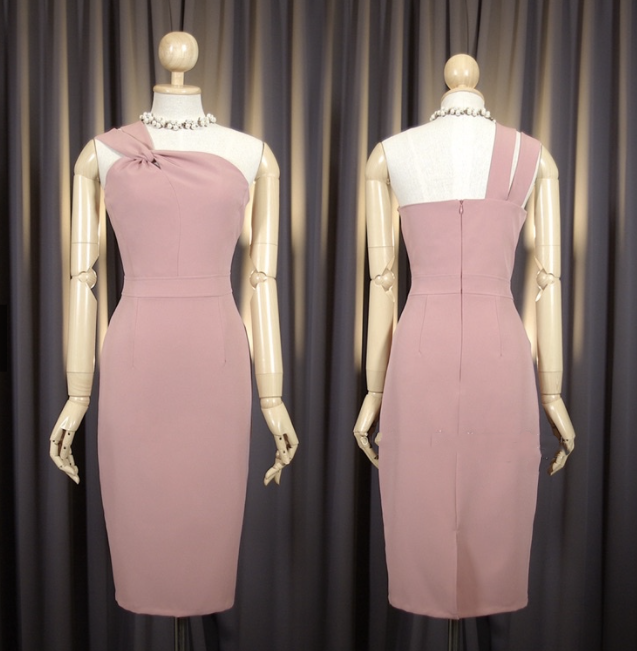 kudapy ชุดไปงาน เดรสสั้นไหล่เดี่ยว เดรสไหล่เฉียงข้างสีชมพู,สีครีม,สีฟ้าพาสเทล ใส่งานแต่งในโบสถ์ งานบุญ งานบวช ได้หมดจ้า