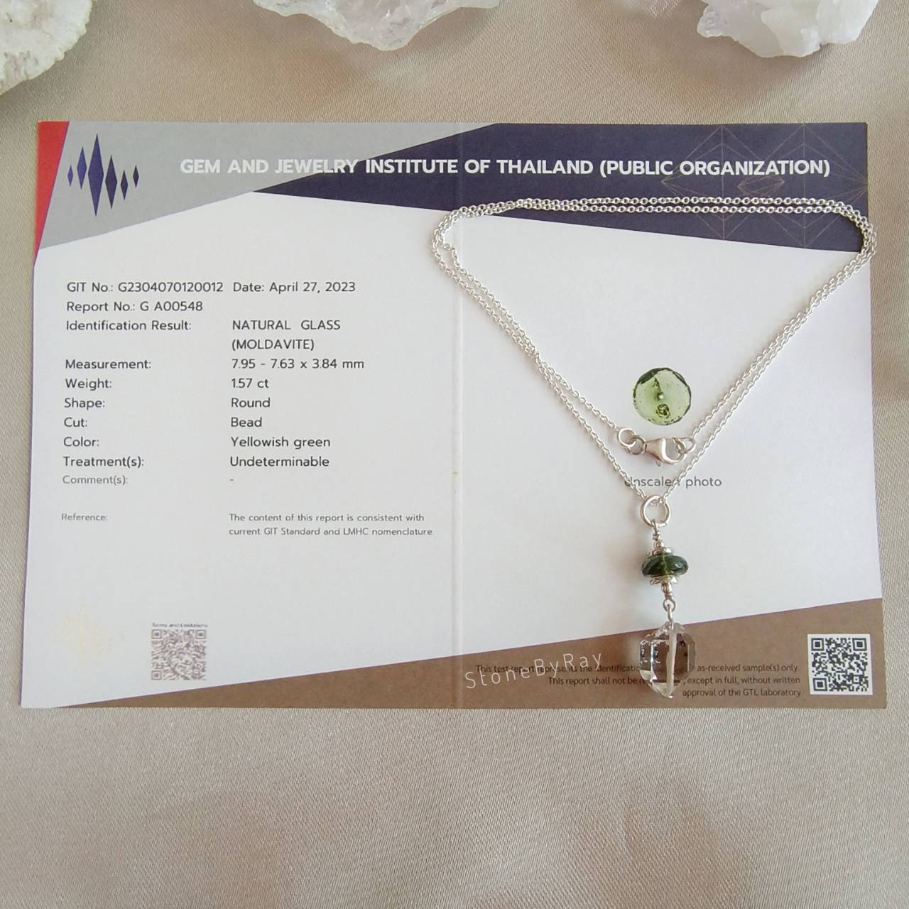 สร้อยคอเงินจี้สะเก็ดดาวโมดาไวต์กับเฮอร์คิเมอร์ไดม่อน Moldavite+Herkimer Diamond