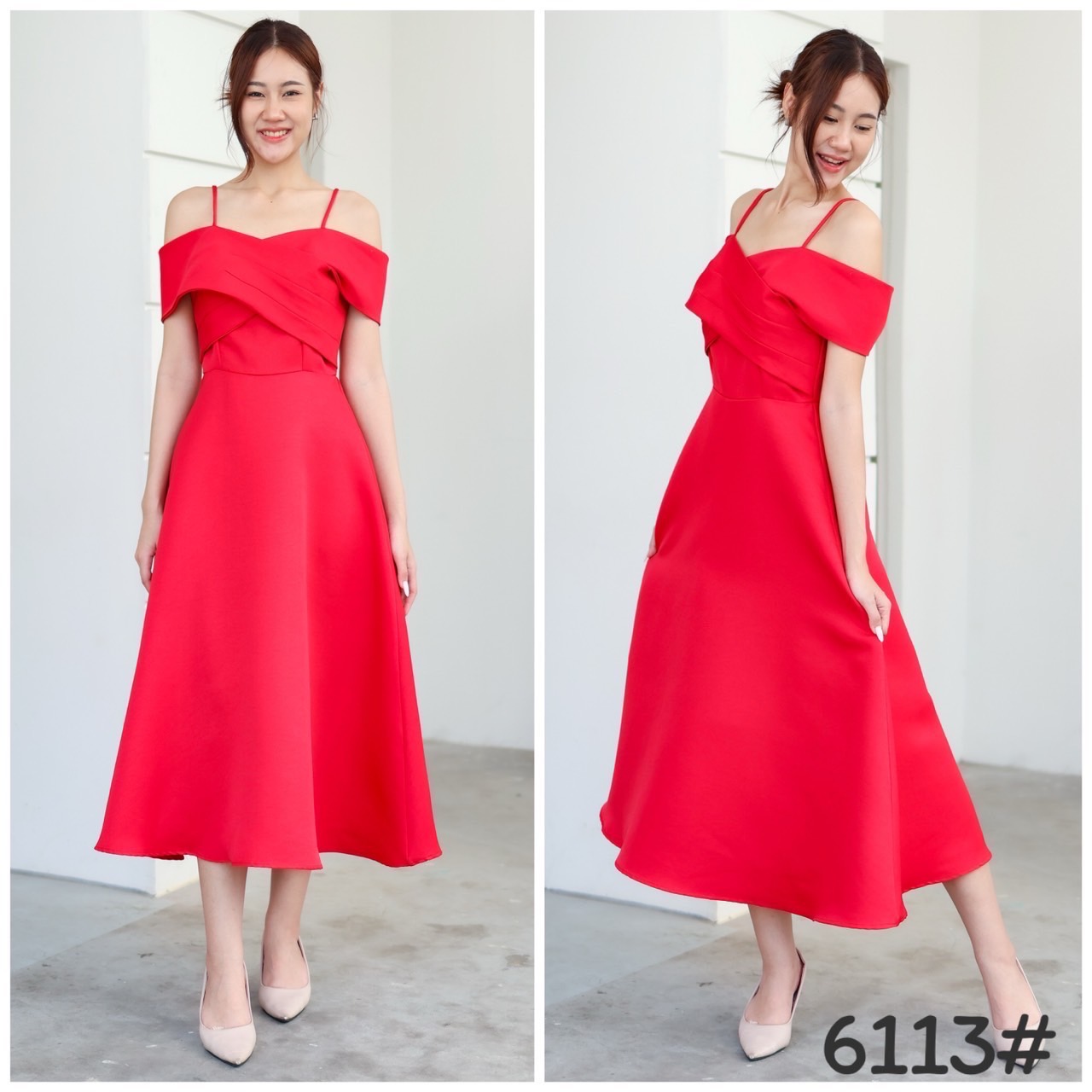 kudapy Midi dress เปิดบ่า ไขว้อก พรางแขนไหล่ตก แต่ไม่ต้องกลัวหลุด ผ้าเก็บทรง กระโปรงบานยาว