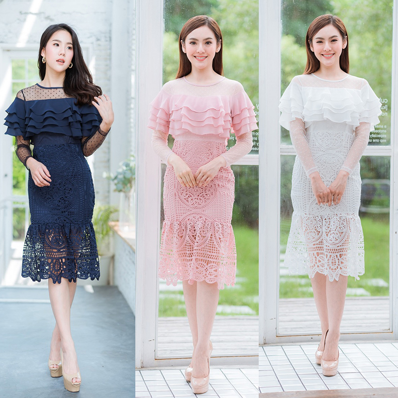 kudapy เดรสสั้รสีชมพู/สีกรม/สีขาว ลูกไม้อกชีฟอง4ชั้นใส่สวยดูดี