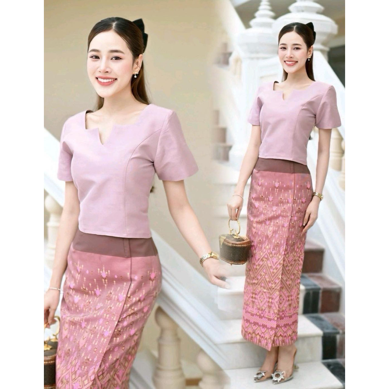 kudapy ชุดเซ็ท เสื้อผ้าไหมแพรทิพย์+ ผ้าถุงสำเร็จทอลายอัดกาวอบน้ำยาเอวสูง