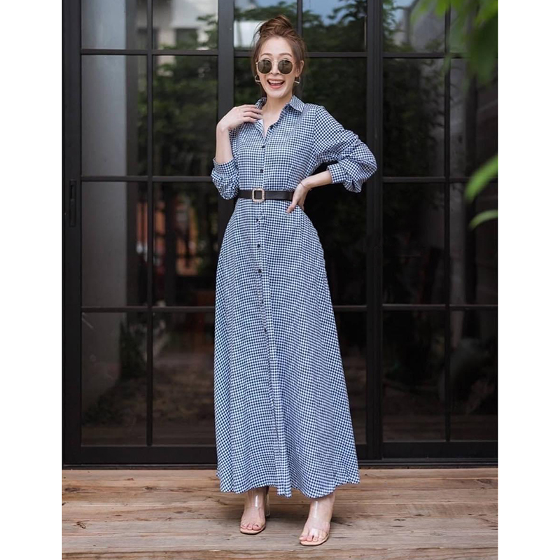 kudapy แม็กซี่เดรสสีฟ้าลายสก้อต เชิ๊ตคอปก แขนยาวกระดุมหน้า มาพร้อมเข็มขัดตามแบบ