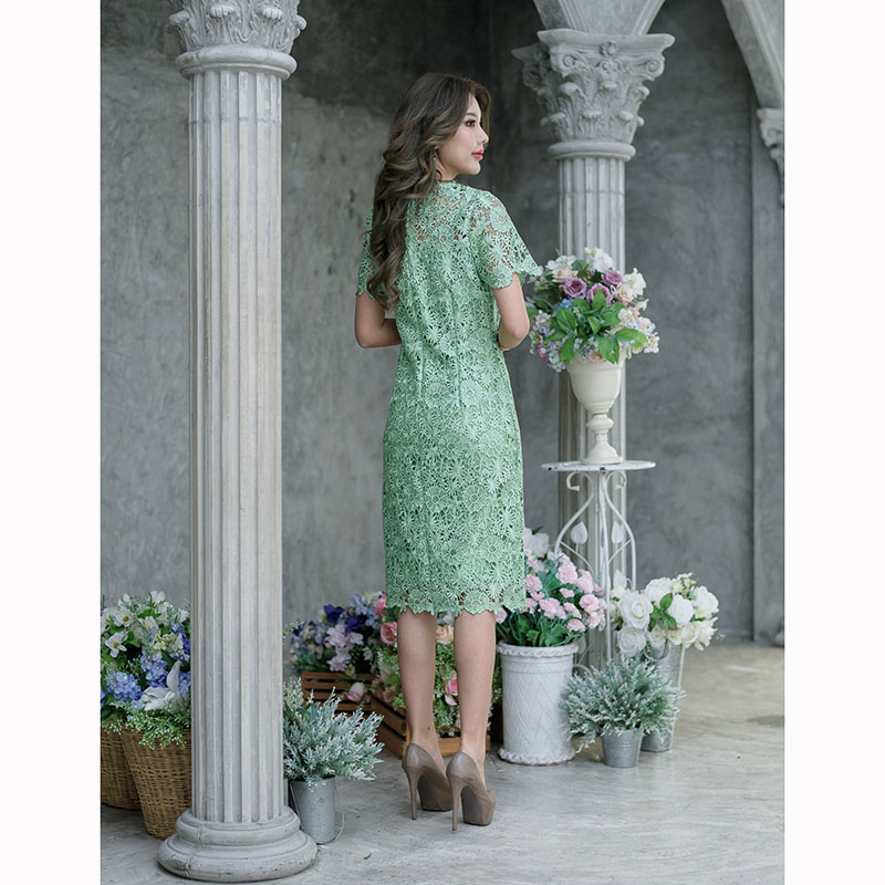 kudapy เดรสสั้นสีชมพูกะปิ/เขียว ลูกไม้ถักทรงแขนสั้น ทรงยอดนิยมของทางร้านค่ะ สวยเรียบใส่ง่าย