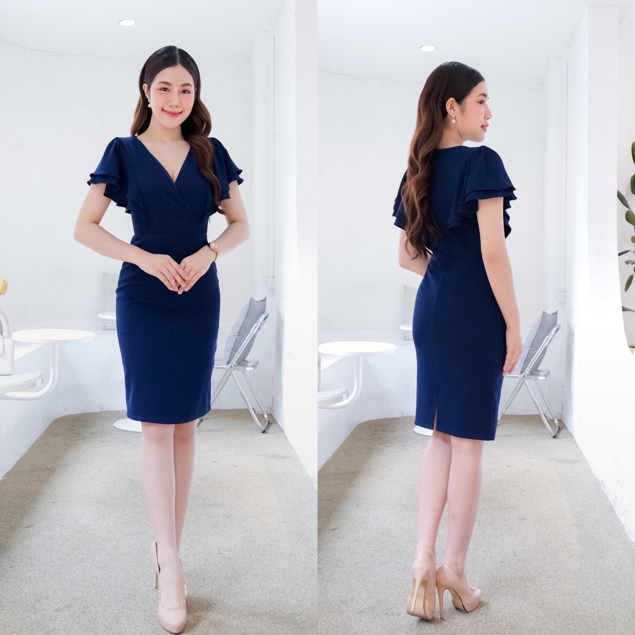 kudapy เดรสสั้นสีเขียวพิตาชิโอ้ ฟ้าอมเทา ส้มอิฐ ชมพู แดง กรม คอวีอกไขว้ จับจีบแขนระบายพริ้วพรางต้นแขน ทรงนี้เรียบหรู