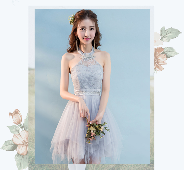 kudapy ชุดราตรีสั้นใส่ออกงาน สีฟ้า/สีเทา/สีขาว หน้าอกแต่งลูกไม้ ตกแต่งผ้าคล้องคอติดลายดอกไม้ เอวสม็อคหลัง