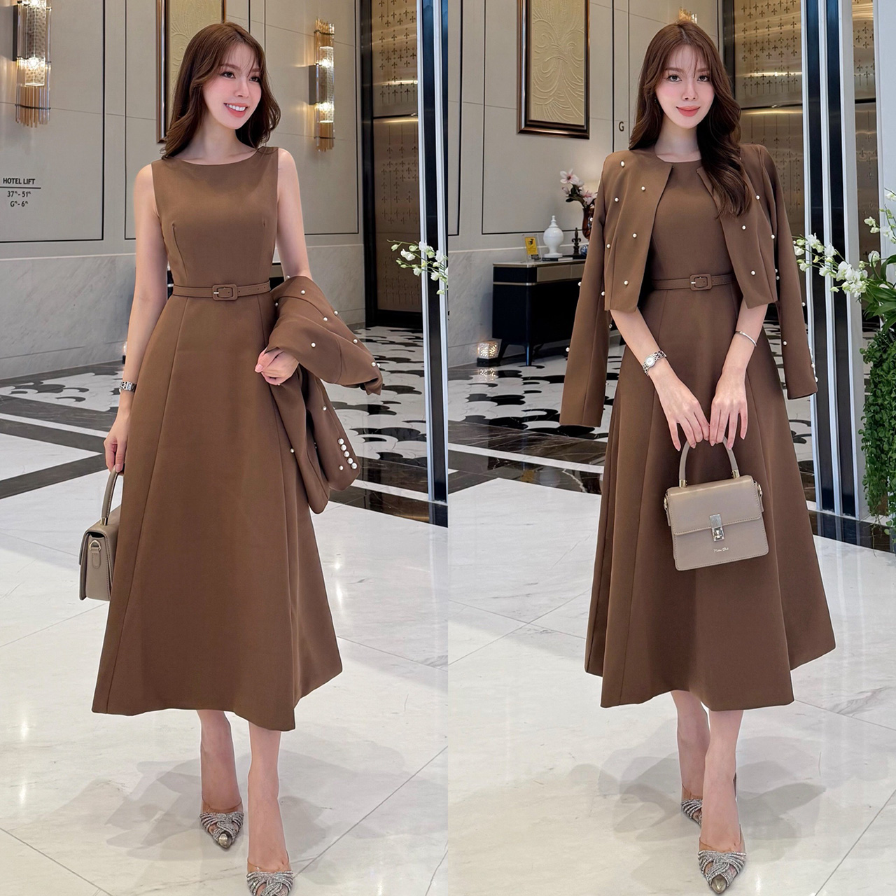 kudapy เซ็ท 3 ชิ้น เดรสออกมาให้เข้ารูปเอวสูง มีฟองน้ำในตัว ซิปด้านหลัง เสื้อครอปสวยหรูด้วยการตกแต่งไข่มุก มีตะขอติดเสื้อให้ ครอปมีรองบ่าบางๆ