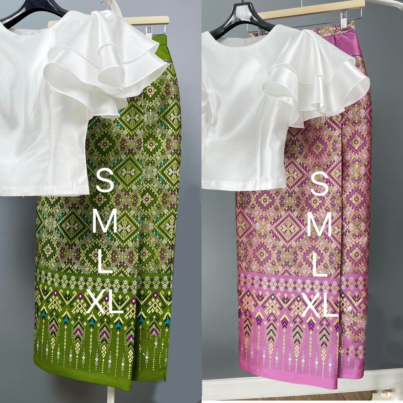 kudapy เซตเสื้อไหมแก้วสีขาว+ผ้าถุงทอลายไทยสีเขียว,สีชมพู ชุดผ้าไทยใส่ไปงานแต่ง งานบวช แมทได้กับเสื้อทุกแบบค่ะ สั่งยแยกชิ้น หรือสั่งทั้งชุดได้ค่ะ