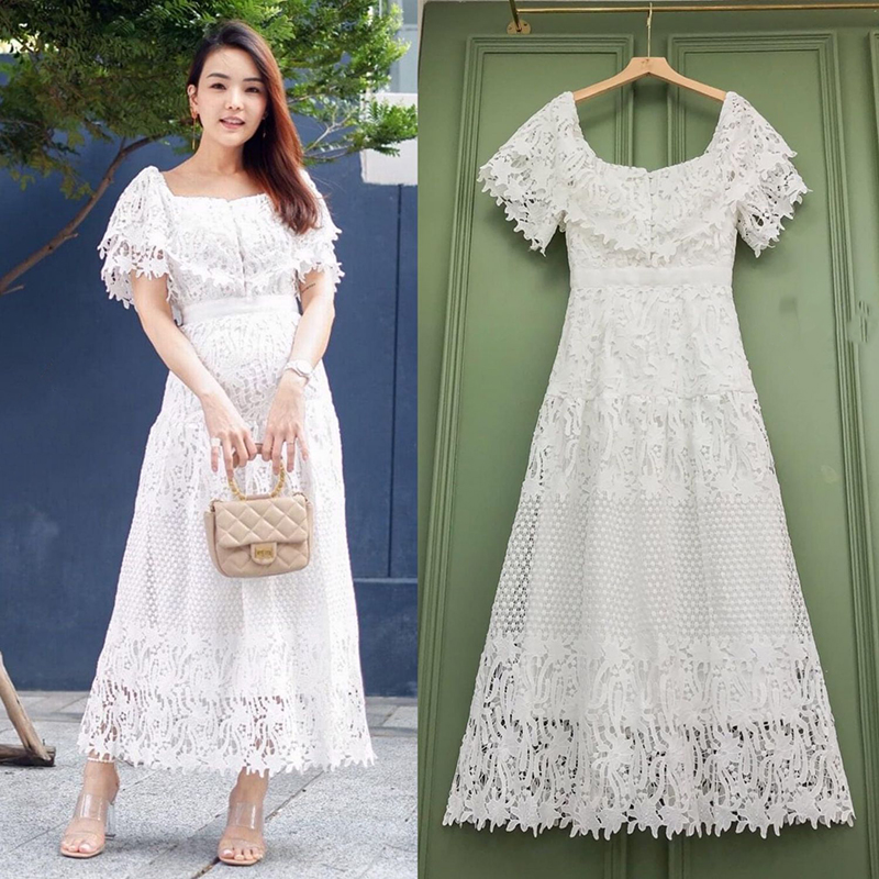 kudapy เดรสยาวสีขาว ลูกไม้เปิดไหล่ ลูกไม้เนื้อดีเกรดพรีเมี่ยมทรงเข้ารูปสวย ต่อระบายช่วงสะโพก ใส่เป็นเปิดไหล่ได้