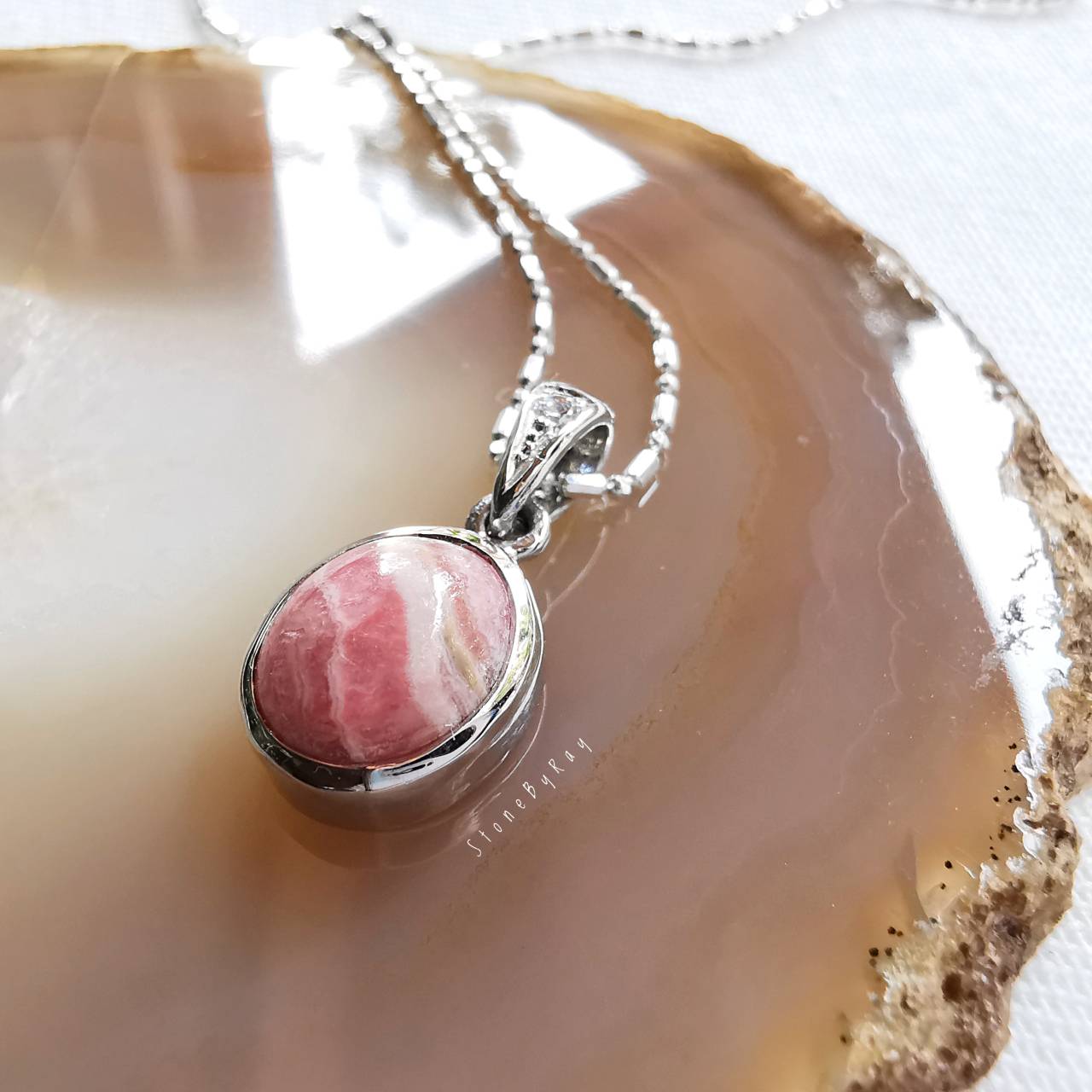 สร้อยคอเงินจี้หินโรโดโครไซต์Rhodochrosite