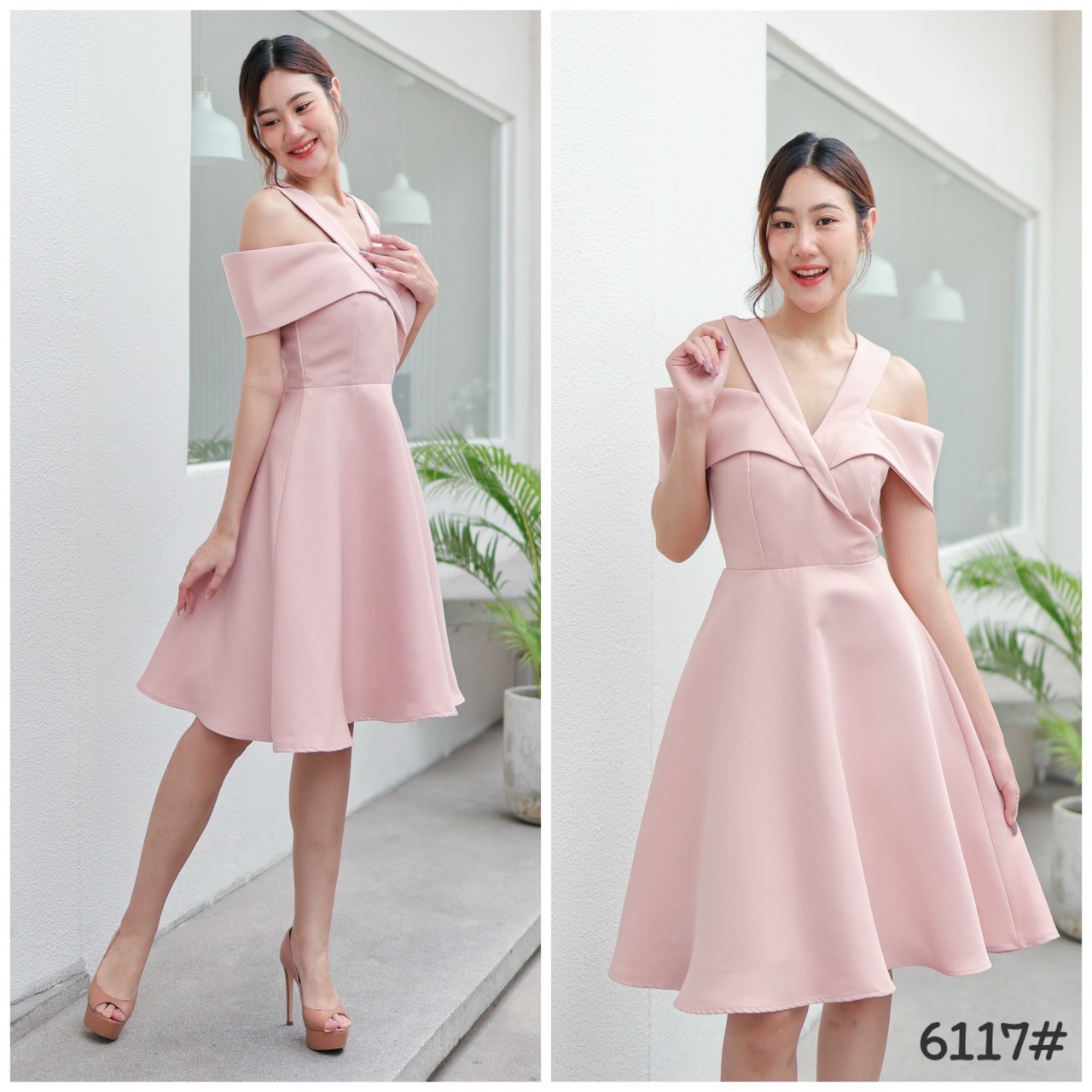 kudapy เดรสเปิดบ่า คัตติ้งคอสูท เก๋เวอร์ กระโปรงบาน เอวสูง เนื้อผ้าโพลีเอสเตอร์ เนื้อด้านไม่เงา ผ้าค่อนข้างแข็งอยู่ทรง