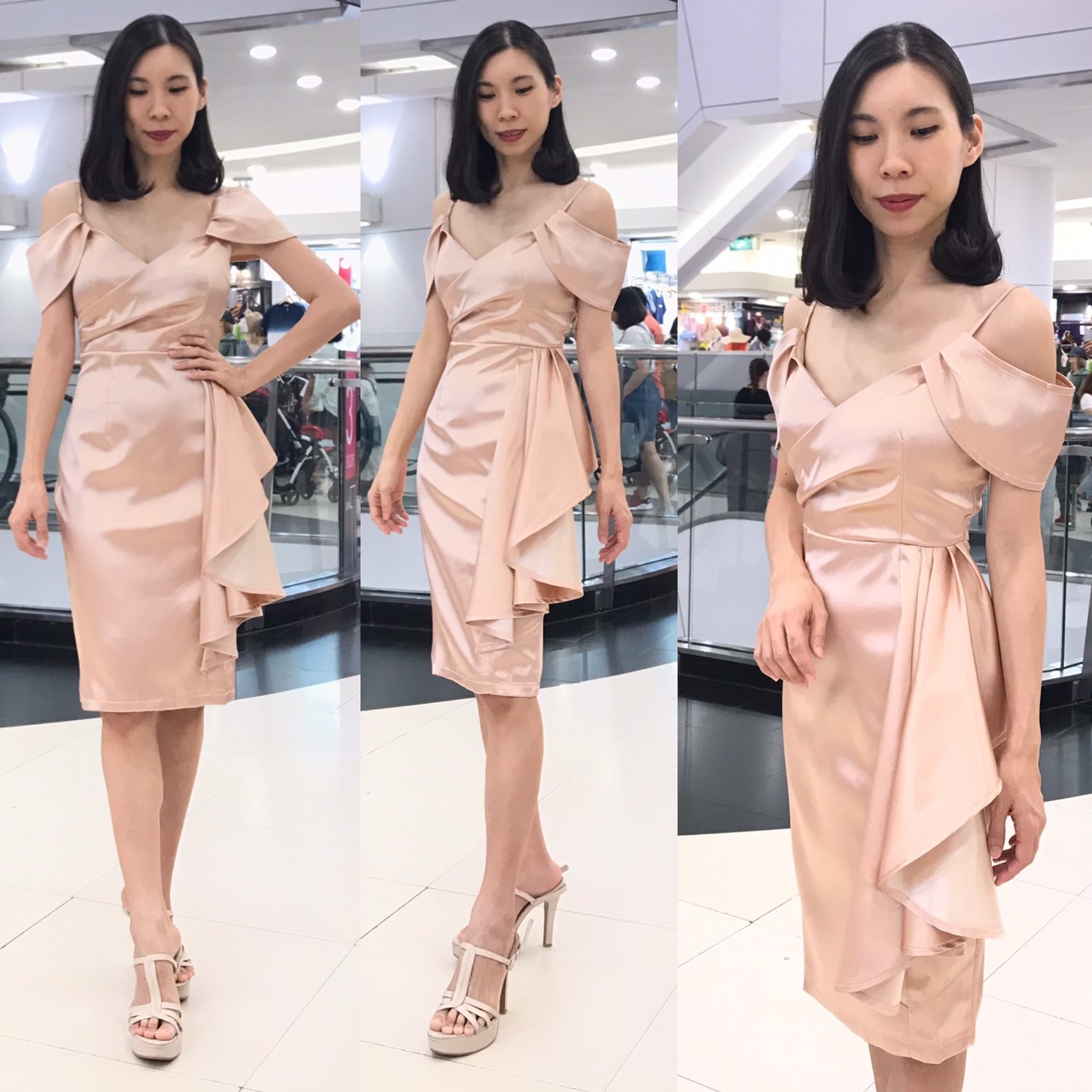 kudapy เดรสสายเดี่ยวเปิดไหล่ สีชมพูพิ้งค์โกลล์, เขียวมรกต, ทองโรสโกลล์ ,แดง, กรมท่า,ส้มอิฐ ,ฟ้า ,เทา เดรสผ้าดัชเชทเงาวาวสวย สายเดี่ยวเปิดบ่า ทรงคิมเบอร์รี่ ช่วงอกป้ายไขว้ จับจีบ กระโปรงสอบ ผ่าหลัง