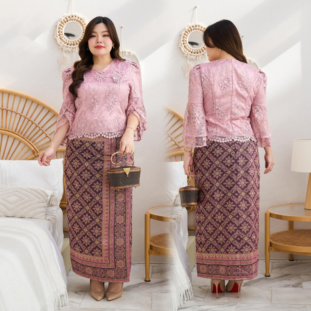 kudapy ชุดเซ็ทออกงาน สีชมพูกะปิ +ผ้าถุงทอลายแพรวากาฬสินธุ์