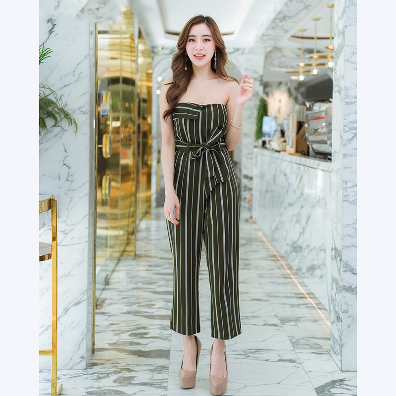 kudapy จั๊มสูทขายาวสีดำ,เขียว เกาะอกลายทางใส่สบายสวยดูดี