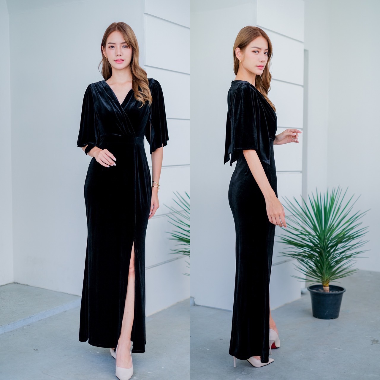 kudapy Maxi เดรสยาว ผ้ากำมะหยี่ นิ่มเนื้อหนา คอระหงษ์ ดีเทลคอวี แขนระฆัง กระโปรงหางปลา ผ่าหน้า