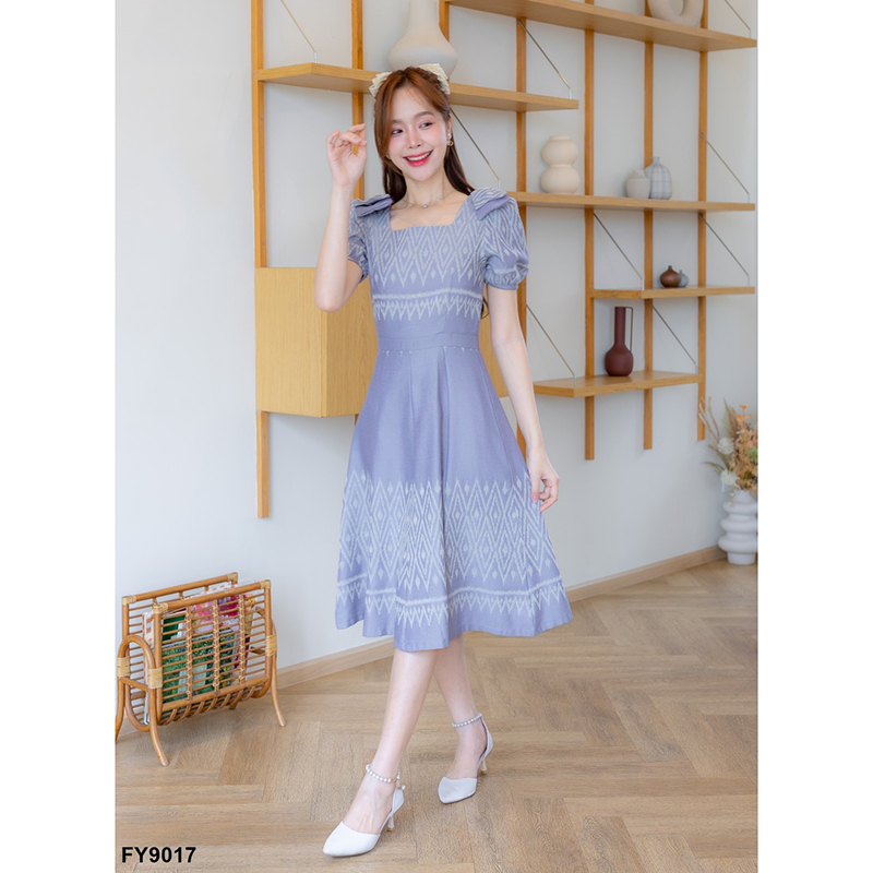 kudapy เดรสสั้นสีเทา/สีส้ม ทรงบานแต่งโบว์ไหล่ 2 ชั้น