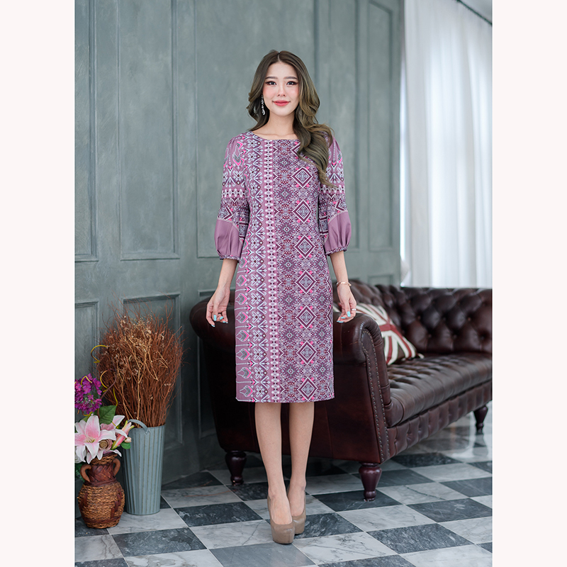 kudapy เดรสสั้นสีน้ำเงิน/สีม่วงกะปิ พิมพ์ลายไทย งานเนื้อผ้านิ่มใส่สบายค่ะ ใส่ทดแทนผ้าไทยเนื้อจะเบาไม่อึดอัด