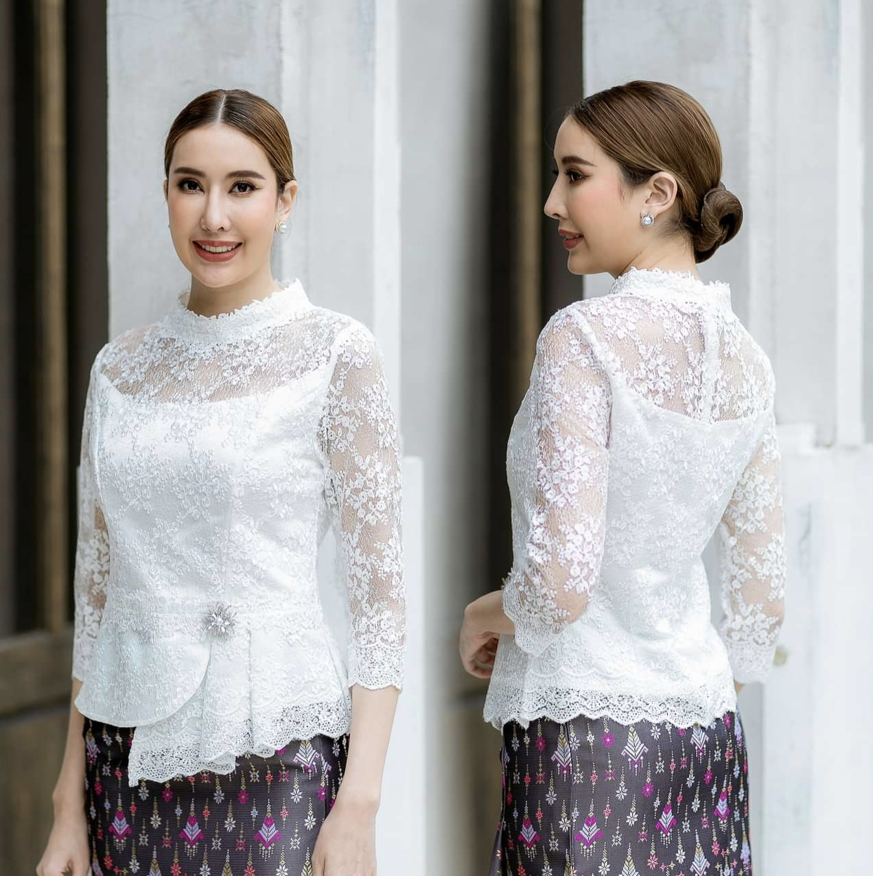 kudapy เสื้อลูกไม้สีครีมแขนยาว ทรงคอจีน จับจีบเอวระบาย