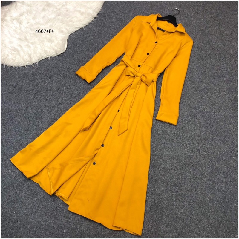 kudapy Maxi Dress แม็กซี่เดรสเชิ้ตแขนยาว สีพื้น งานเชิ้ตแต่งคอปกกระดุมช่วงหน้ายาวข้างเอวเย็บติดสายผูกเอว