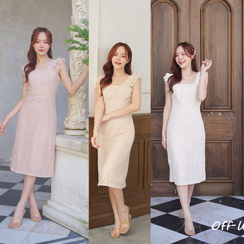 kudapy เดรสสั้นสีออฟไวท์/สีเบจ/สีชมพูนู้ดลูกไม้ ผ้าลูกไม้ทั้งชุด ช่วงเสื้อเป็นคอเหลี่ยม สายของเสื้อทำเป็นระบายต่อแขนออกมาดูมุ้งมิ้ง