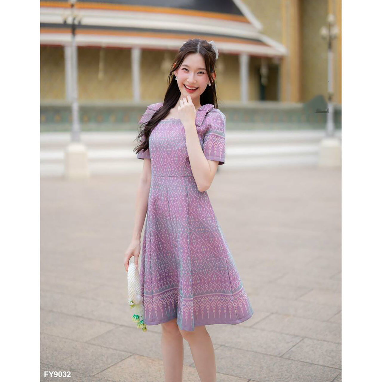 kudapy เดรสสั้นสีชมพู/สีม่วง ผ้าไทยโบว์ไหล่ทรงบาน ใส่ออกงานสวยดูดี