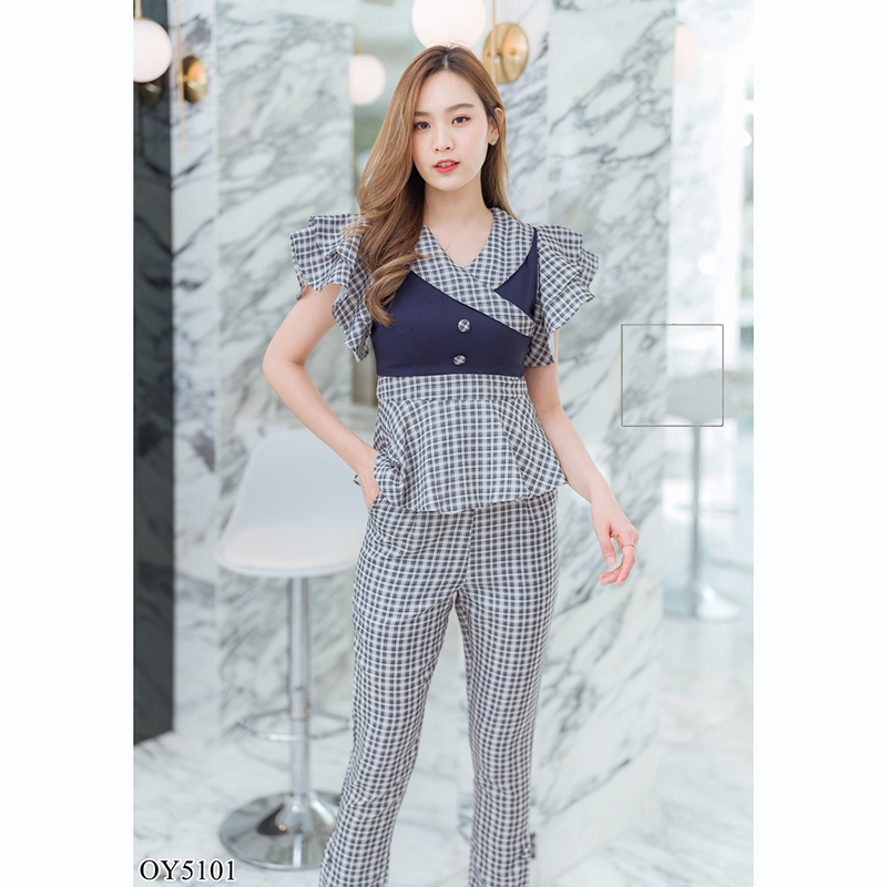 kudapy เซทเสื้อสกอต+กางเกงขายาวลายสกอตสีดำ/สีส้ม