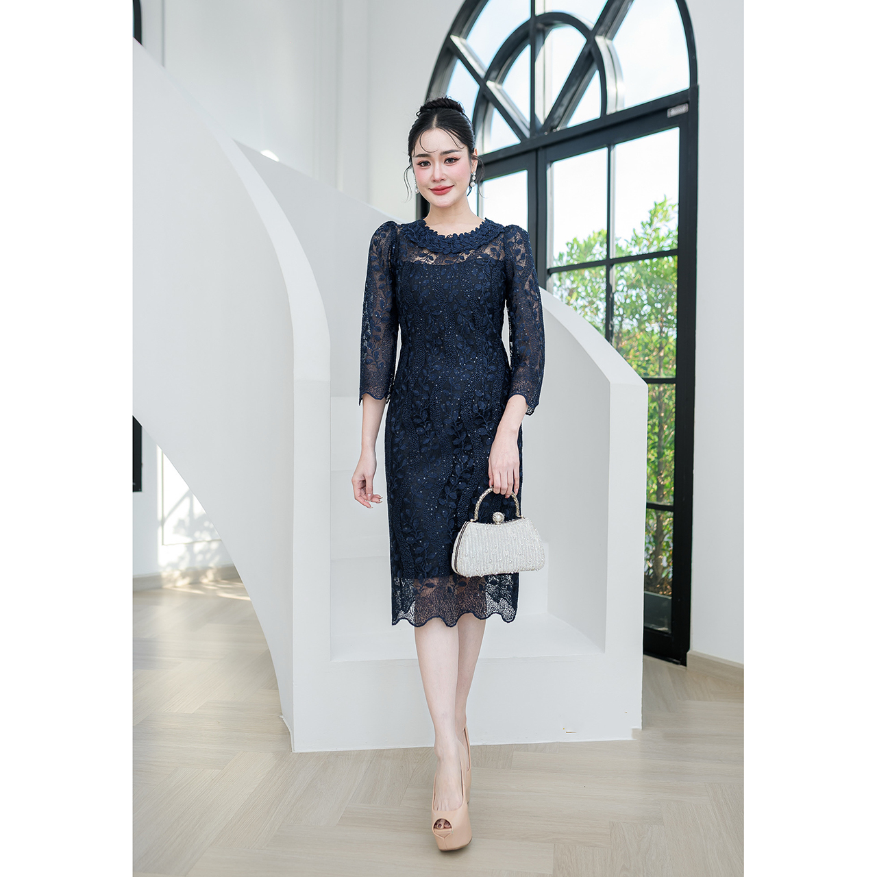 kudapy เดรสลูกไม้เลื่อมพรีเมี่ยมใบไม้ ลายใบไม้เถาวัล งานพรีเมี่ยม ทรงสวยใส่เข้ารูปเข้าทรง