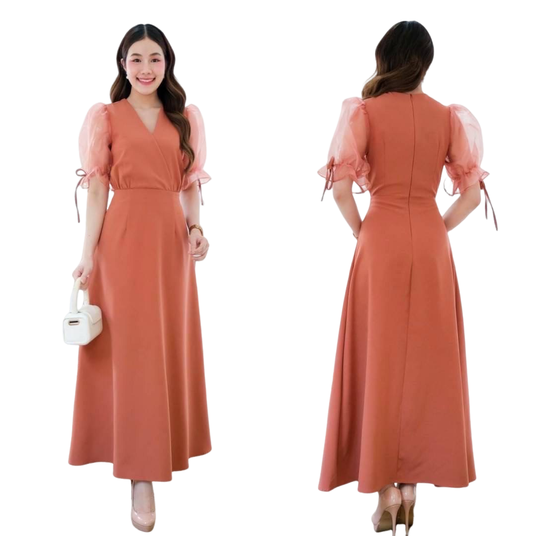 kudapy เดรสยาวไปงานสีชมพูเข้ม,สีเขียวอ่อน,สีครีม,สีส้มชาไทย,สีขาว,สีฟ้าคราม คอวีสอบ แขนตุ๊กตา แต่งผ้า organza แขนใส่ยางยืด จีบระบายคิ้วท์ๆ เข้ารูปช่วงเอว กระโปรงบานพริ้ว