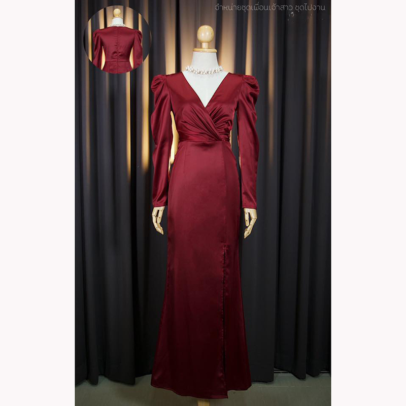 kudapy เดรสยาวสีกรม/สีเขียว/สีแดง อกไขว้วี แขนตุ๊กตายาว จับจีบเอว กระโปรงทรงสอบ ผ่าหน้าเดินสะดวก เนื้อผ้าโพลีผสม spendex