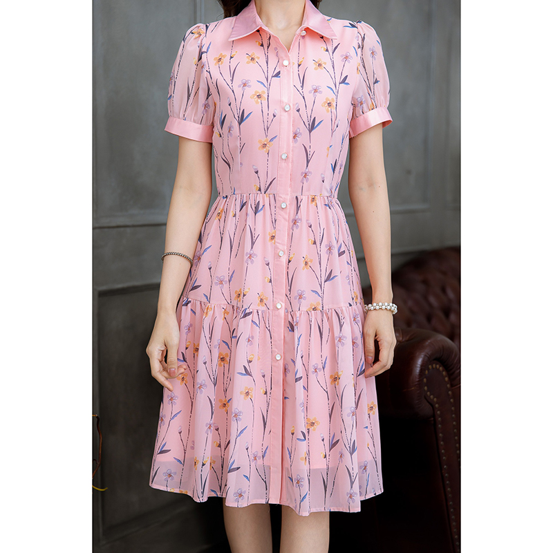 kudapy เดรสสั้นสีครีม/สีชมพู คอปกกระดุมหน้า ผ้าชีฟองลายดอกสวยหวาน แพทเทิร์นสวยเก๋