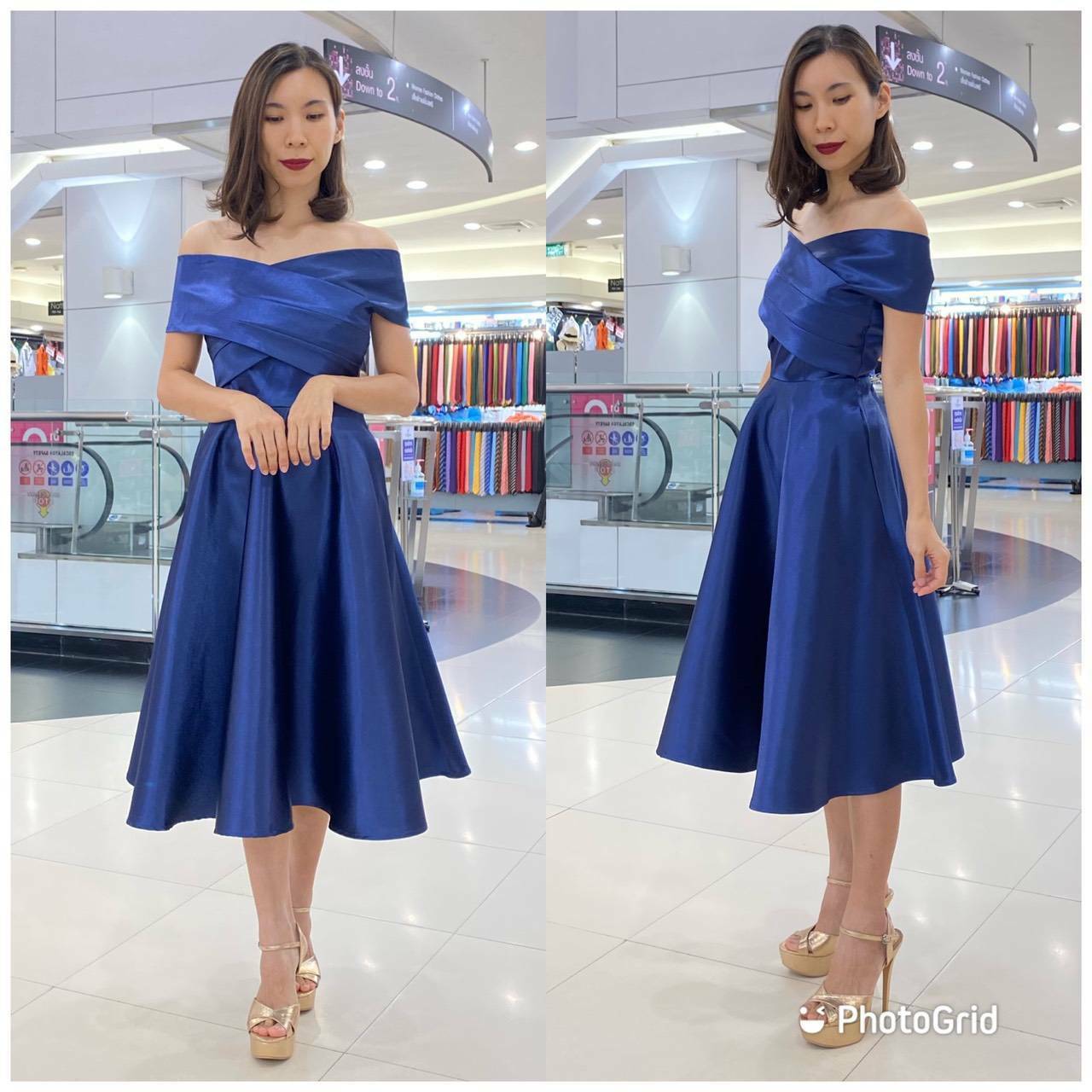 kudapy เดรสสั้นสีน้ำเงิน ผ้าไหมซาตินชุดกระโปรงจีบ ออกงาน ใส่เปิดไหล่สวยดูดี