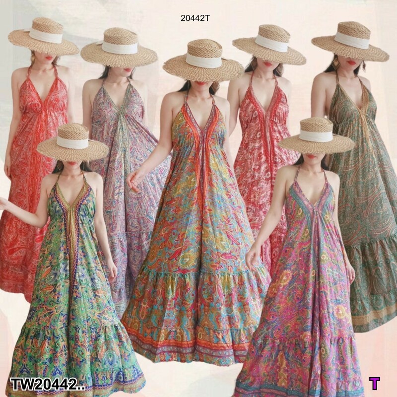 kudapy เดรสายเดี่ยวคู่ มีสายรูดผูกเอวปรับเข้ารูป เนื้อผ้าไหมอินเดียพิมพ์ทอง งานชิว ใส่สบาย ลุคเหมาะกับหน้าร้อนซัมเมอร์