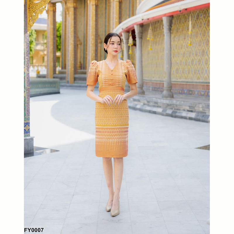 kudapy เดรสสั้นสีกรม/สีชมพู/สีเหลือง ผ้าทอไทยประยุกต์ งดงามแบบฉบับหญิงไทยสมัยใหม่ ดูน่ามอง คอวี ทรงสวย เรียบร้อย สีละมุน