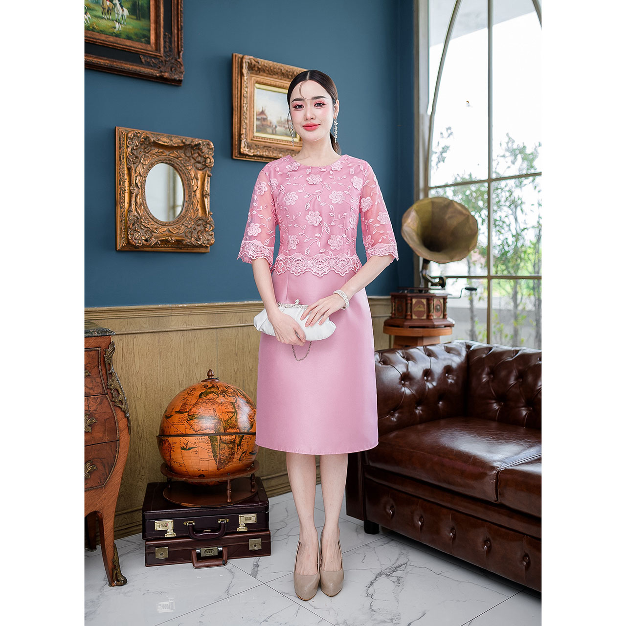 kudapy เดรสสั้นสีชมพู/สีฟ้า ผ้าไหม ผ้าตาข่ายปักลายดอกไม้ งานดี สวยมีซับในทั้งชุด