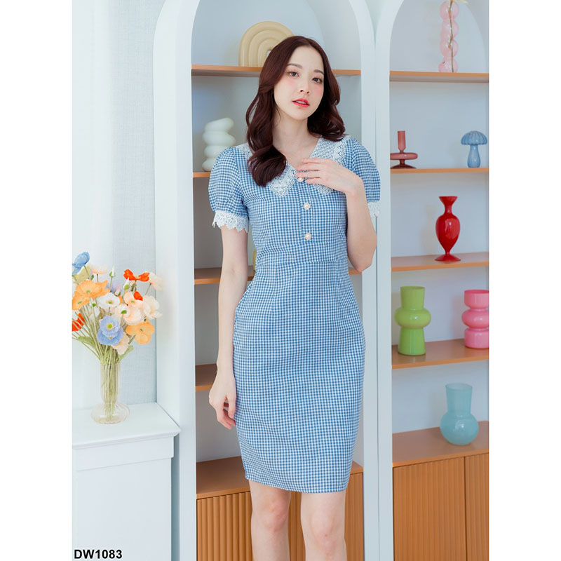 kudapy เดรสสั้นสีฟ้า/สีเขียว/สีกรม ลายสกอตคอปก แต่งกระดุมหน้า สวยดูดีน่ารัก