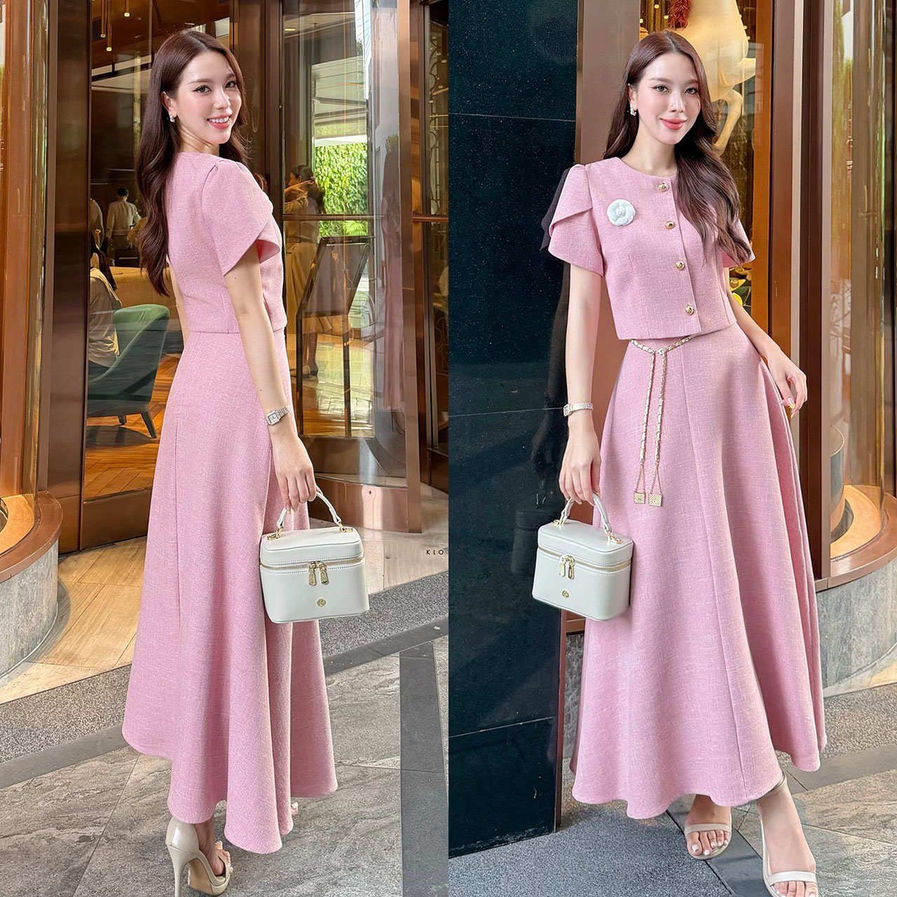 kudapy เซ็ทเสื้อแขนตุ้กตา เสื้อ กระโปรงเอวสูง เข็มกลัดดอกไม้ เข็มขัดโซ่