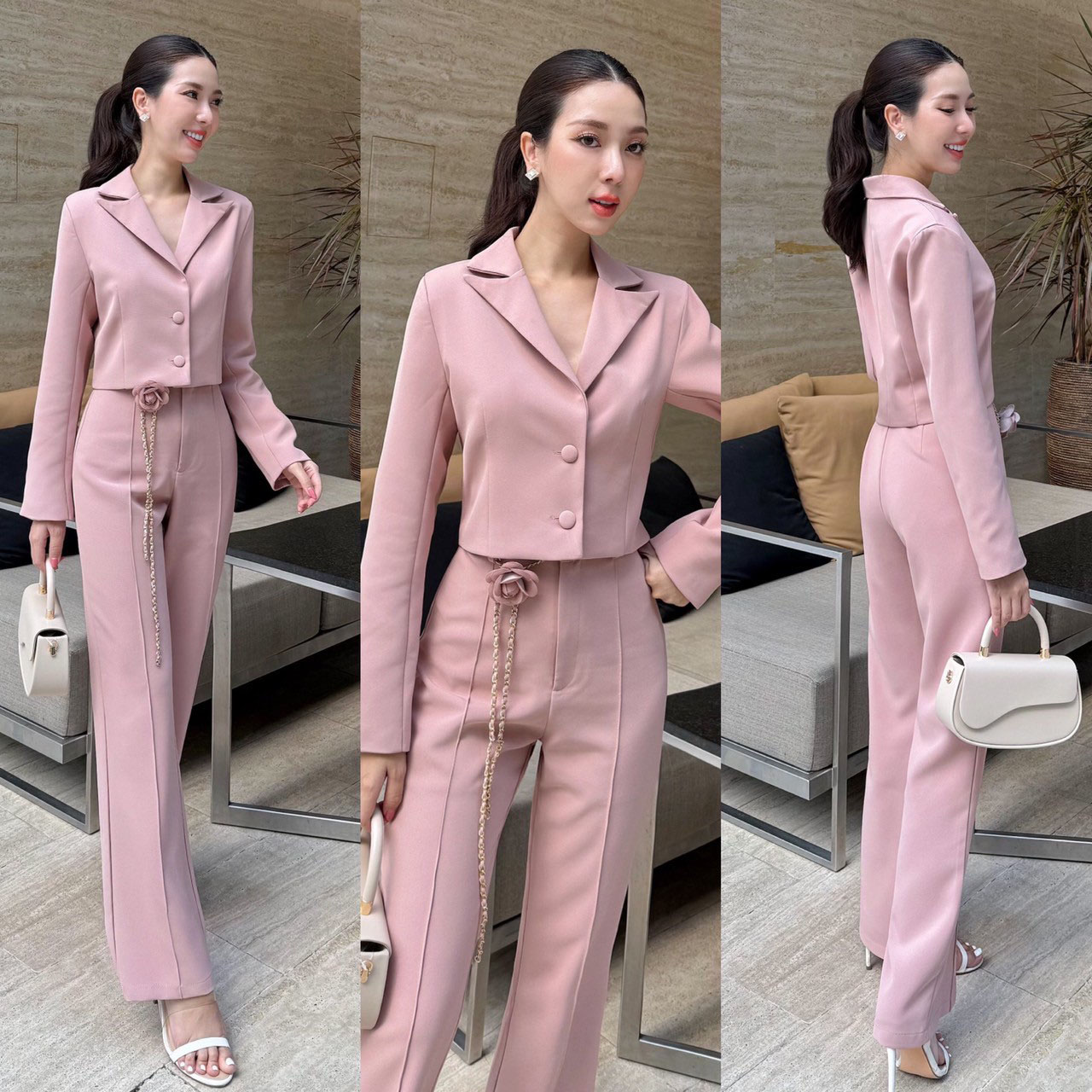 kudapy Sets 3 ชิ้น เสื้อ กางเกง เข็มขัดดอกไม้ เสื้อกระดุมปั้มจริง 2 เม็ด กางเกงตีเกล็ดหน้า ซิปตะขอมีซับในอย่างดี