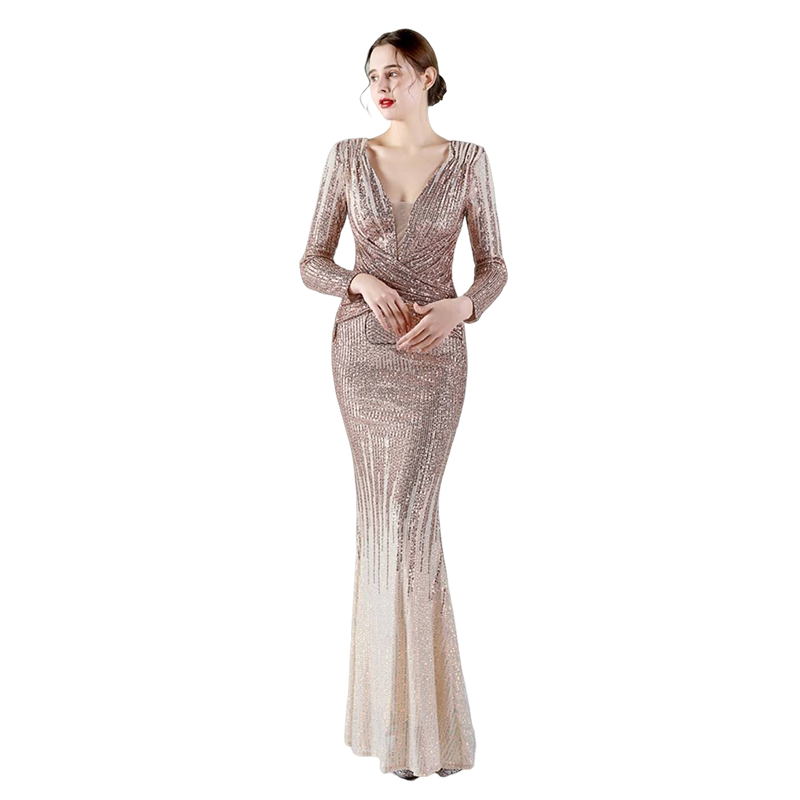 kudapy ชุดราตรียาวคอวีแขนยาวผ้ากริสเตอร์ทอแสง สีแดงเบอร์กันดี้,สีเขียว,สีชมพูโรสโกลด์ ผ้าขยายได้ สวมเข้ารูป ทรงสวย เรียบหรู มีบราเย็บติดข้างในชุด ซิปหลัง สำเนา สำเนา