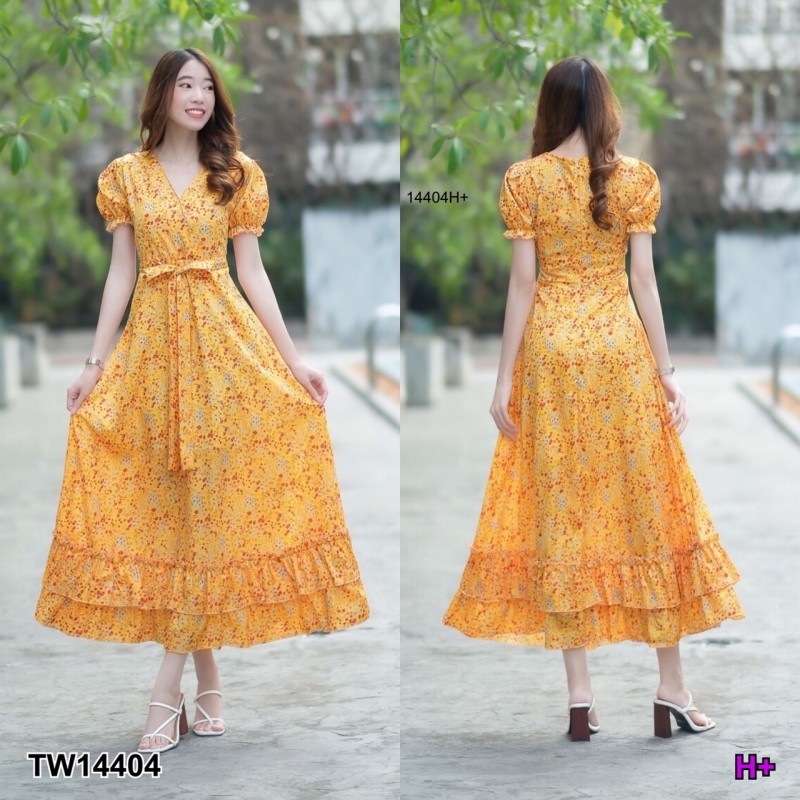 kudapy เดรสยาวสีดำ/สีน้ำตาล/สีเหลือง แขนตุ๊กตา คอวี ผูกโบว์เอว ชายเดรส2ชั้นแต่งระบายๆ