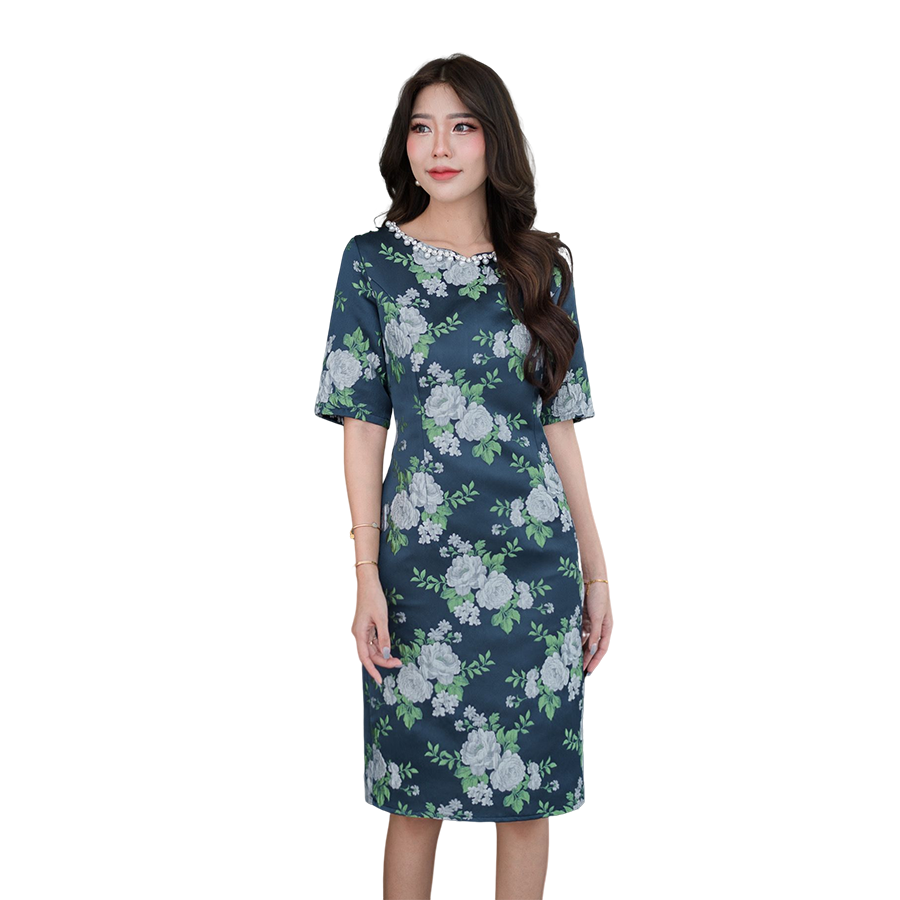 kudapy เดรสสั้นผ้าไหมทอลาย สีกรมท่า สีแดง เดรสคอกลม แขนสั้น ทรงเอเข้ารูป มีซับในซิบหลัง งานสวยหรูมากค่ะ