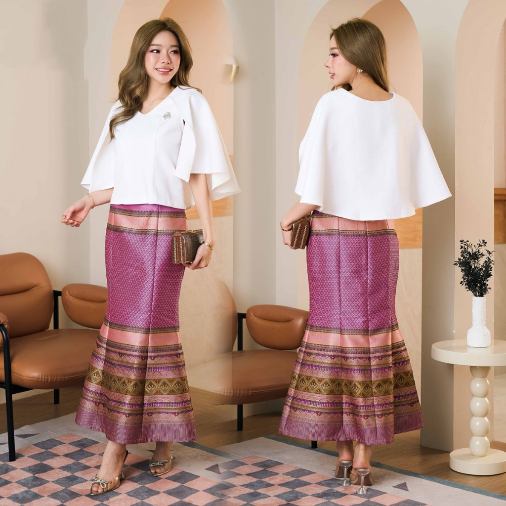 kudapy ชุดออกงาน เสื้อผ้าฝ้ายแขนระบาย+กระโปรงผ้าไหม ทรงหางปลา