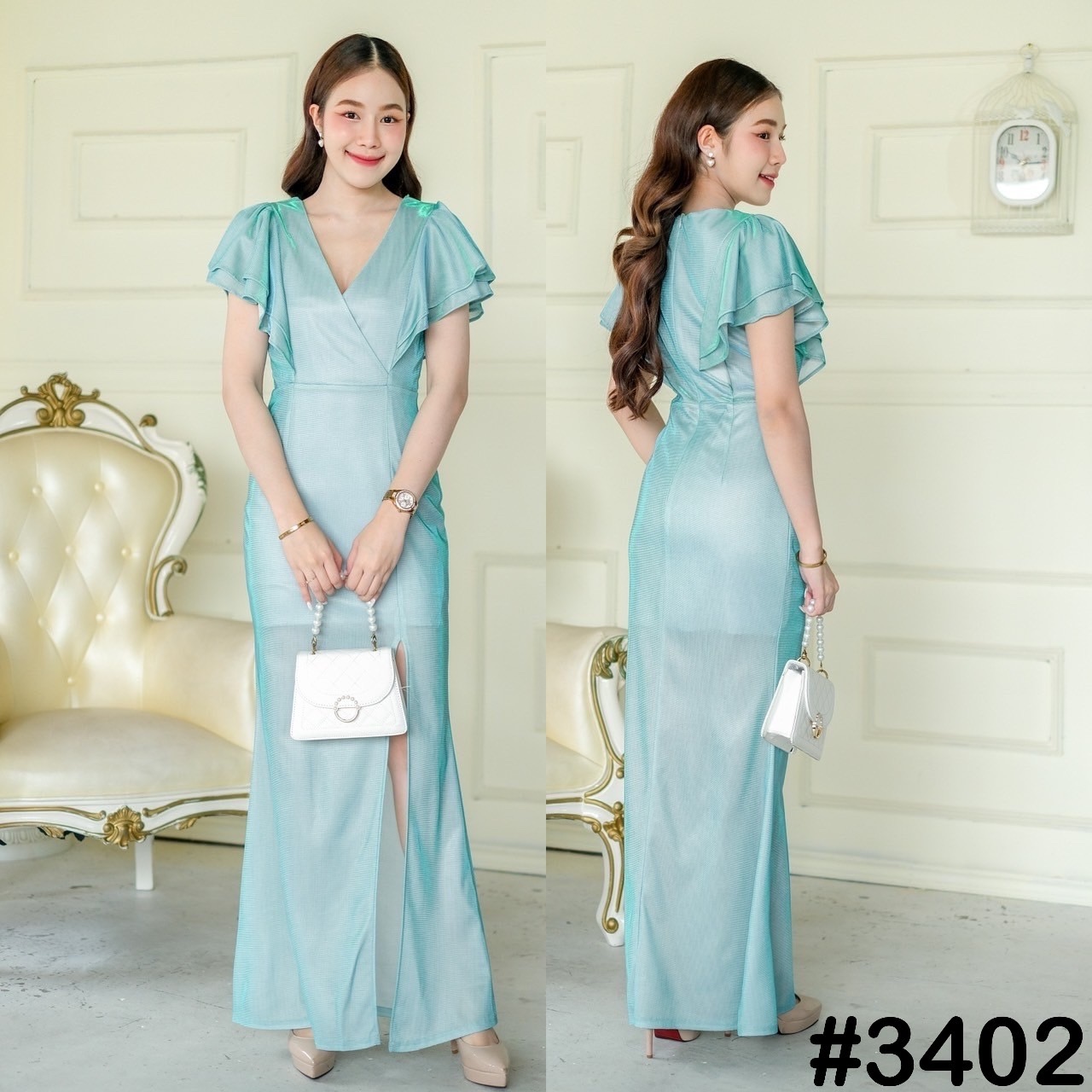 kudapy เดรสยาวสีแชมเปญ,ทอง,เขียว,ชมพู,ฟ้าเหลือบม่วง คอวีอกไขว้ จับจีบแขนระบายพริ้ว พรางต้นแขน กระโปรงทรงสอบยาว